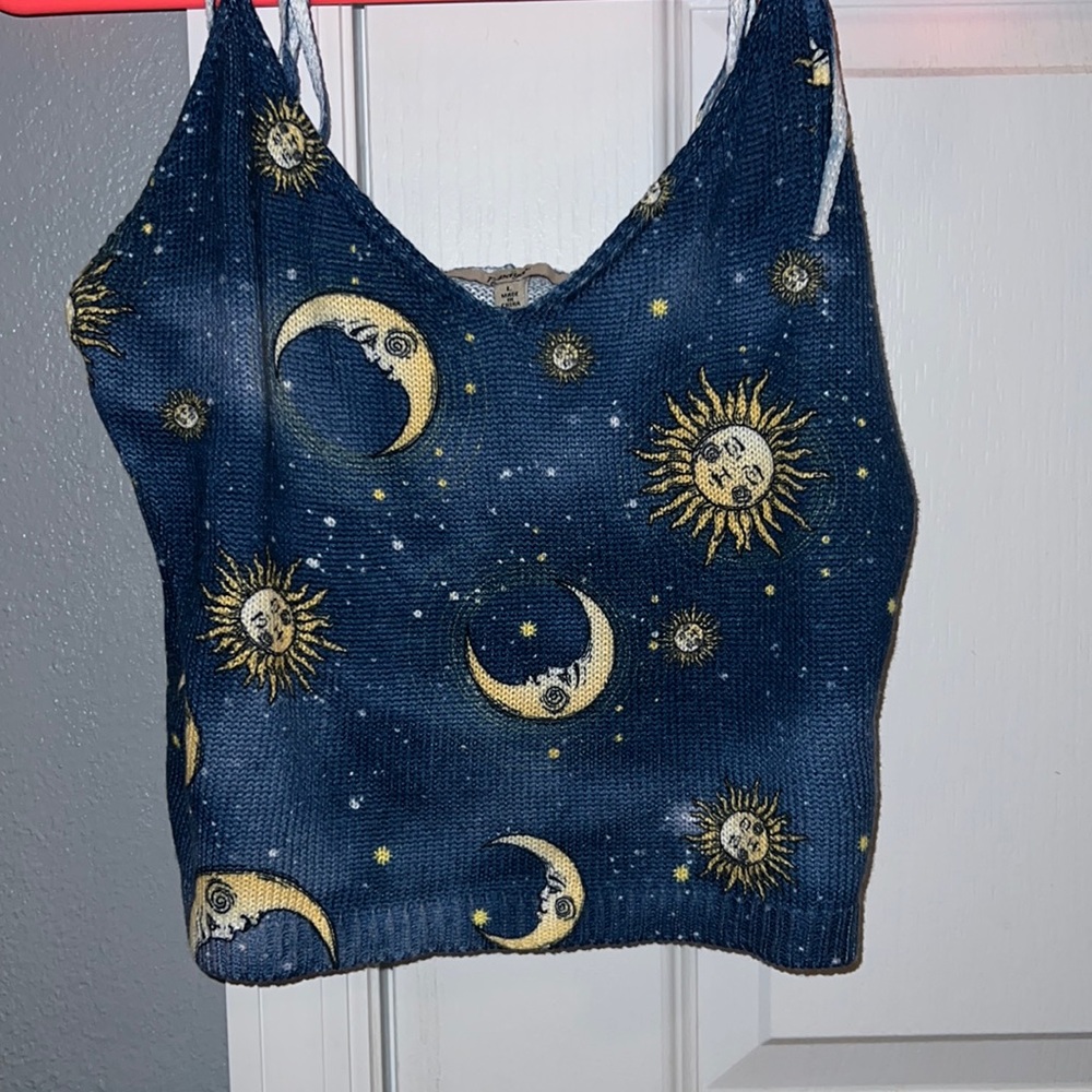 Papaya Blue with Yellow Sun and Moon Crochet Crop Top | Size Large